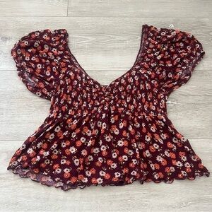 Urban Outfitters Red Smocked Ruffled Blouse